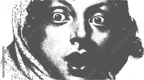 Face illustration with shocked expression in vintage black and white style. The artwork features expressive eyes and mouth, creating a dramatic vector illustration.