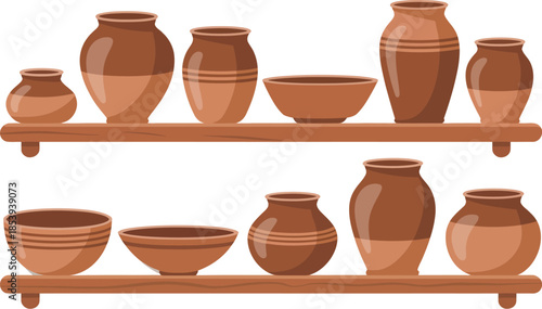 Brown clay pots and bowls on wooden shelves