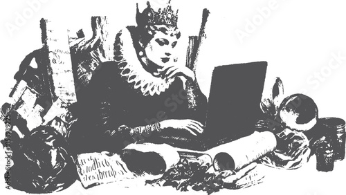 Queenly woman with crown and laptop. Vintage vector illustration featuring historical elements in a decorative set.