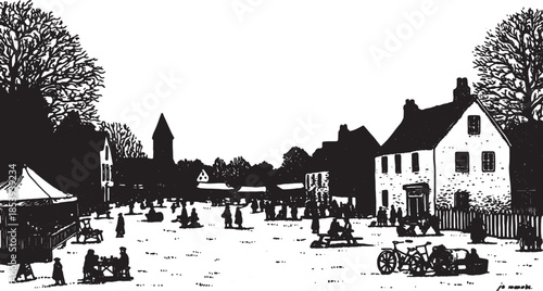 Town landscape with people gathered in a market square. Black-and-white vector illustration featuring buildings, trees, and outdoor activities.