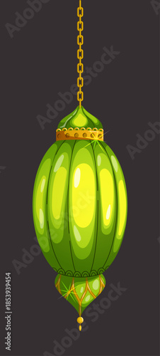 Emerald Green and Gold Hanging Islamic Lantern Illustration, Traditional Arabic Fanous Lamp with Ornate Details Isolated on Dark Background