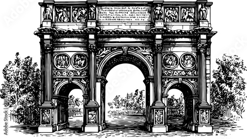 Triumphal roman arch with detailed columns and ornate stone reliefs. Vintage black and white architecture vector illustration.