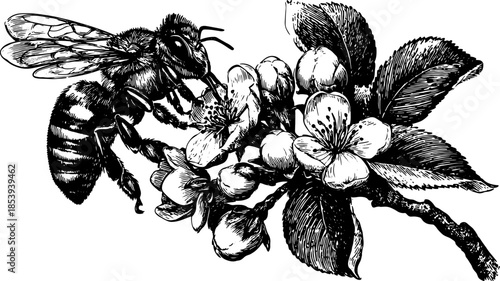 Bee on a flower branch with detailed leaves. Black and white vector illustration with botanical and realistic engraving style.