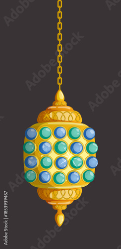 Traditional decorative golden lantern featuring colorful glass jewels, isolated on Dark Background. A luxury Fanous lamp for Ramadan and Eid Al-Fitr celebrations.