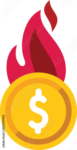 Dollar sign coin is burning in red and yellow flames over a white background