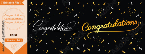 Congrats lettering. Congratulation text labels, cheers sign decorated with golden burst and stars and congratulations. Congratulate letter hand writing ink logo.