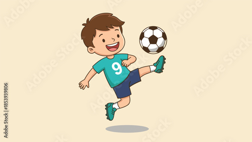 Happy cartoon little boy playing football, kicking soccer ball in the air, wearing jersey number nine, active kid athlete, vector illustration design.