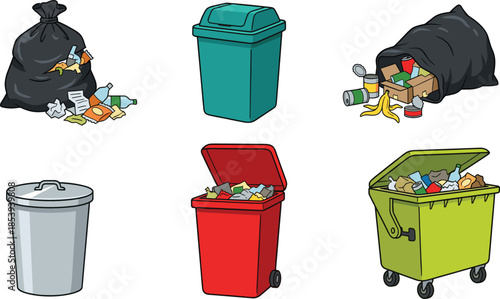 Trash and garbage illustration set, waste bins bags containers, recycling disposal concept isolated on white background, cartoon vector design collection