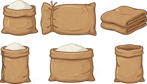 Rice burlap sack illustration set, grain storage bags packaging, rustic fabric food containers isolated on white background, drawn vector design