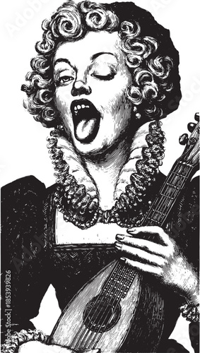 Singer performing with a mandolin in a vintage black and white vector illustration. This engraving captures a moment of musical expression and cultural heritage.
