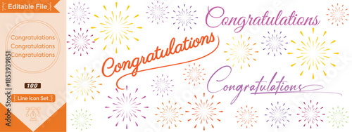 Congrats lettering. Congratulation text labels, cheers sign decorated with golden burst and stars and congratulations. Congratulate letter hand writing ink logo.