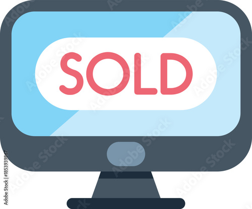 Computer screen is displaying a sold sign, representing online sales and auctions