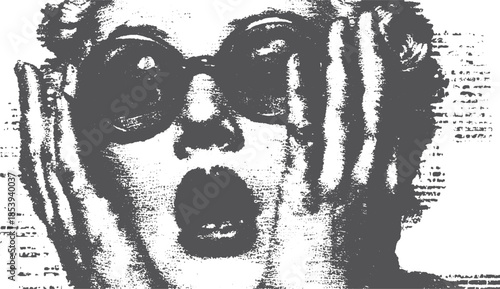 Surprised woman face illustration with glasses. Black and white graphic vector art featuring an iconic expression in a simple design set.