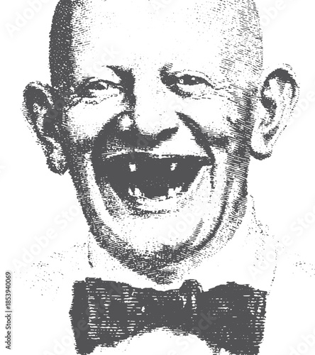 Smiling man with a bowtie in vintage style. Simple and linear vector illustration showcasing a joyful character in a nostalgic set.