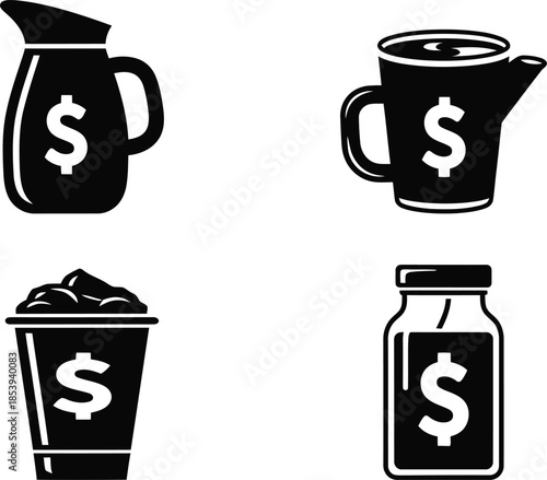 Four black and white icons of beverage containers with dollar signs