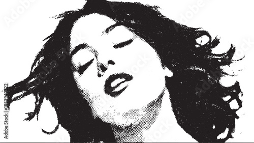 Woman's face in black and white vector illustration. Dramatic hair flow and contrast create an expressive portrait with a modern feel.