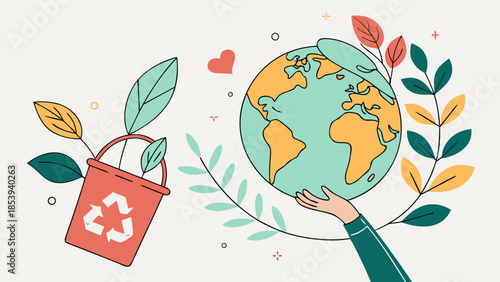 Vector illustration of a green globe environment concept featuring Easter eggs and flowers with birds to create a nature-inspired world map card design symbolizing a global eco-friendly spring
