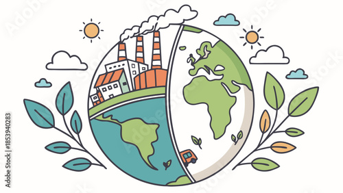 Abstract vector illustration of an Easter egg featuring a floral background with a cartoon globe, nature symbols, and colorful birds on a summer planet design