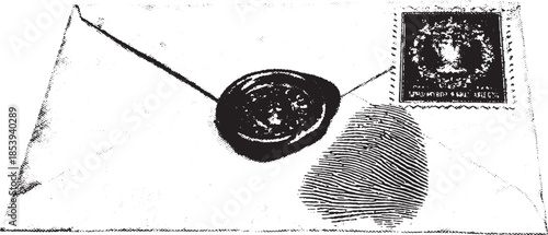Envelope with a wax seal, vintage stamp, and fingerprint. Classic design in black and white vector illustration.
