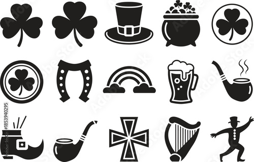 Irish Luck Celtic Icon Silhouette Vector Set, Clover Pipe Cross Harp Symbols Collection Isolated On White Background