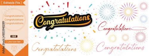 Congratulations lettering. Congrats label, cheers celebration and congratulation text badges with golden burst. Congrats quotation card. Isolated vector symbols set