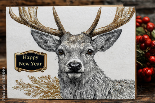New Year greeting card with reindeer in black, white and gold on a festive background