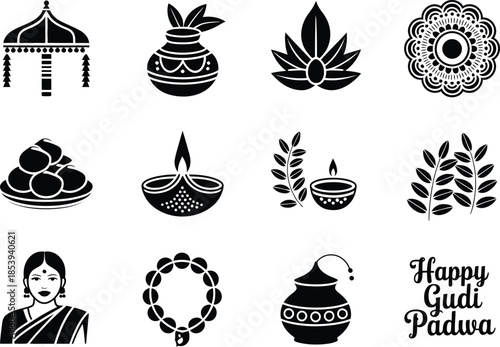 Indian Hindu Festival Icon Silhouette Vector Set, Diya Lotus Kalash Symbols Collection Isolated On White Background