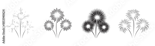 Collection of firework bundles in various styles isolated on white background depicting celebratory events and festive displays