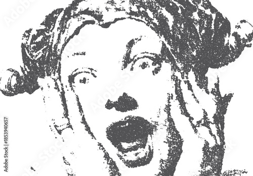 Scream face with shocked expression in monochrome. Digital vector illustration featuring impactful design and distressed texture.