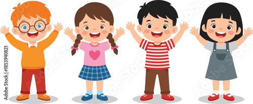 Happy diverse group of four cartoon children standing together, waving hands and smiling, cute kids isolated on white background, vector illustration.