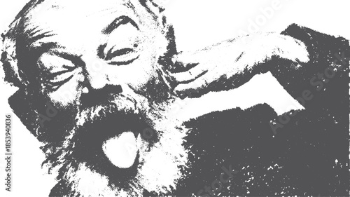 Man with beard showing a playful facial expression. Black and white vector illustration emphasizing boldness and contrast in style.
