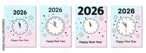 Set of Clean and modern Happy New Year 2026 poster with bold typography, clock illustration, and festive elements. Perfect for elegant New Year promotions.