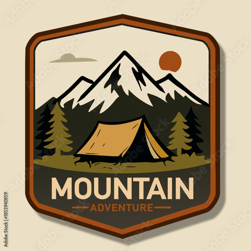 Mountain Adventure Outdoor Vintage Emblem. Outdoor adventure badge with mountain landscape, camping tent, and forest in vintage flat style. Ideal for adventure logos and apparel.
