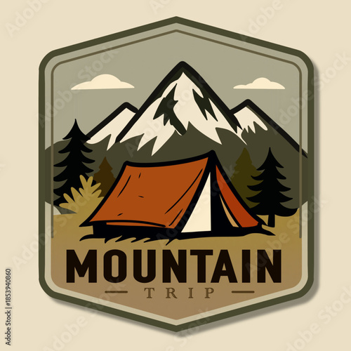 Mountain Trip Camping Vintage Badge Illustration. Vintage-style mountain trip badge featuring camping tent, forest, and snow mountains. Perfect for outdoor adventure and travel branding.