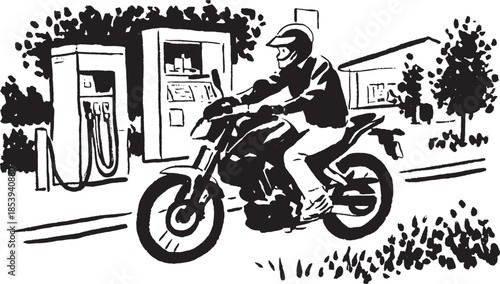 Motorcycle rider at a gas station. Simple black and white vector illustration depicting an outdoor scene with trees and road.