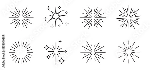 Eight diverse line art firework icons, featuring starbursts, sparkles, and radial explosion effects