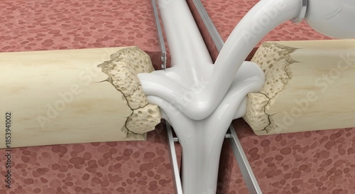 Medical illustration of bone fracture repair with cement and internal fixation.