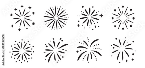 Fireworks icon set with stars and dots. firework burst. celebration pictogram. festival salute on white background