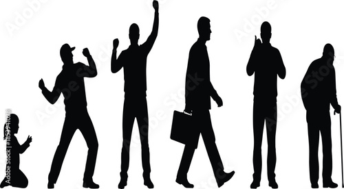 Male life stages silhouettes showing emotional reactions, career walk and aging process from childhood to elderly isolated on white background