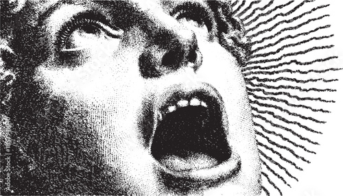 Face expressing a loud scream in a unique black and white vector illustration. This vintage set features dynamic lines and detailed contour rendering.
