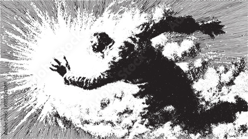 Dynamic figure in motion creating light effects. Black and white vector illustration with abstract shading and dramatic contrast, presenting a unique visual concept.
