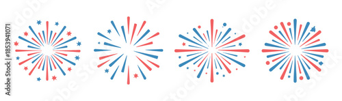 Red and blue fireworks icon set with stars. firework burst. celebration pictogram. festival salute on white background