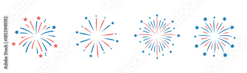 Set of four colorful fireworks in red and blue, bursting on a white background, festive party celebration decoration