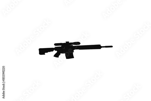 Isolated black and white render of a modern rifle from the USA, 3D realistic style, clean stock image
