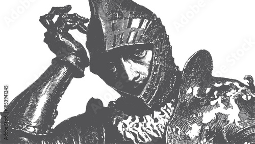 Knight in vintage armor, portrayed in a black and white vector illustration. This detailed graphic reflects historical significance and strength.