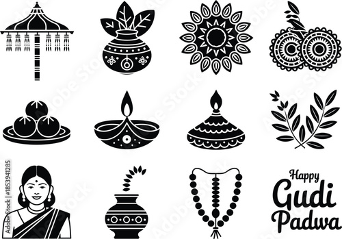 Hindu Festival Puja Icon Silhouette Vector Set, Diya Kalash Lotus Decoration Symbols Collection Isolated On White Background