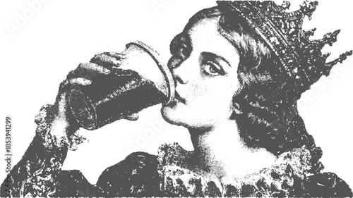 Queen holding a drink in a vintage style. Elegant black and white illustration with historical context in vector format.