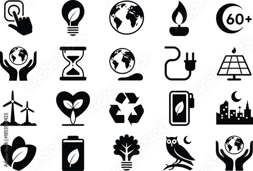 Global Awareness Environment Icon Silhouette Vector Set, Earth Energy Recycle Symbols Collection Isolated On White Background