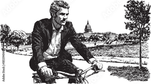 Man in a suit riding a bicycle through a park. Detailed black and white vector illustration of urban scenery with trees and buildings.