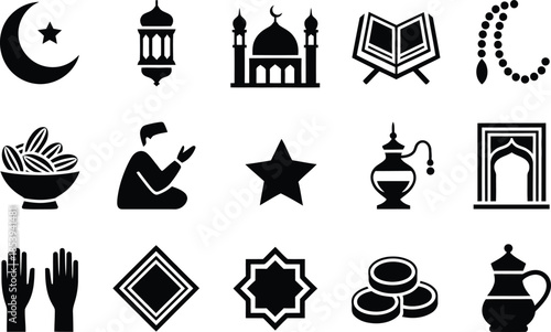Islamic Cultural Icon Silhouette Vector Set, Prayer Mosque Ramadan Symbols Collection Isolated On White Background